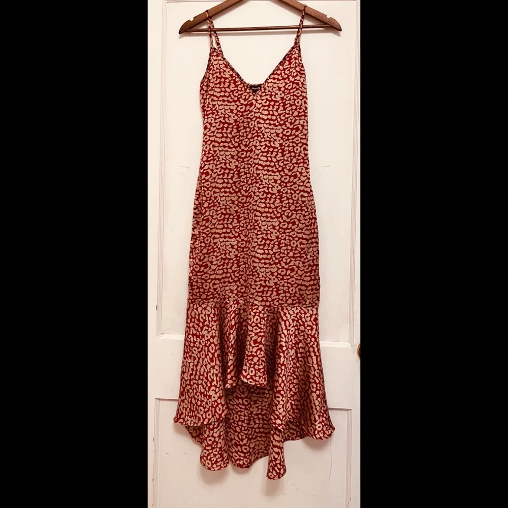 PrettyLittleThing; PLT; Red Leopard Print Frill Hem Midi Dress; Size: US 4 - Picture 4 of 4